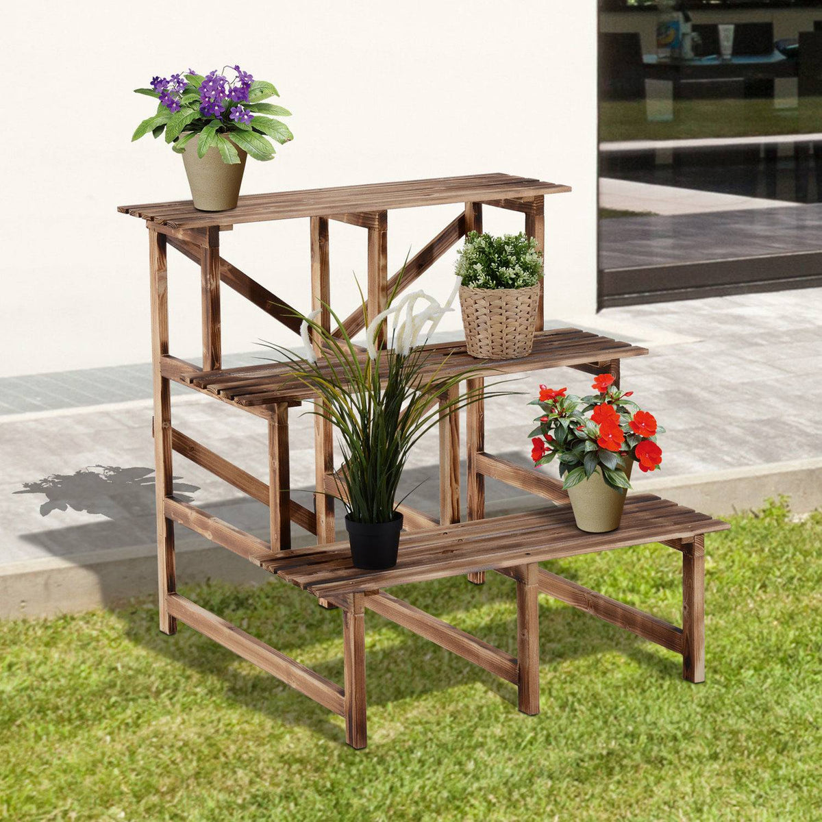 Plant stairs flower shelf 3 steps made of fir wood 80 x 80 x 78cm for garden balcony & terrace
