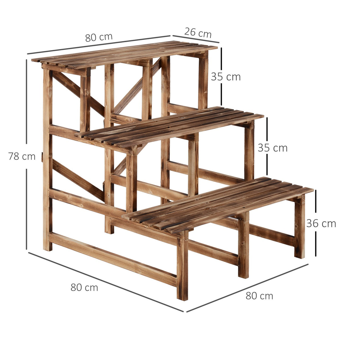 Plant stairs flower shelf 3 steps made of fir wood 80 x 80 x 78cm for garden balcony & terrace