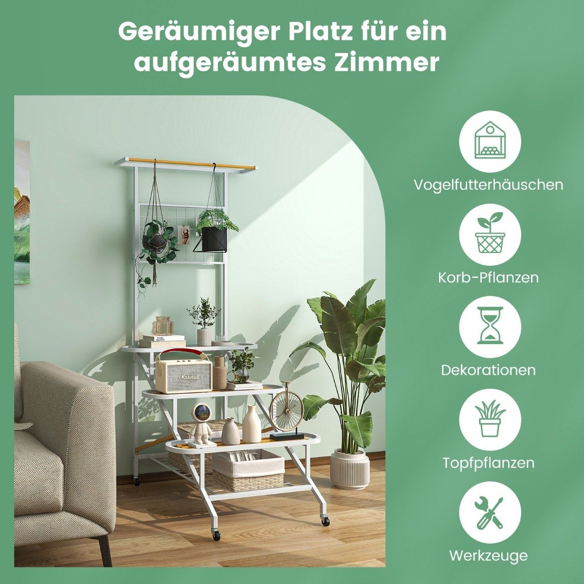 Plant stand with trellis metal flower stairs on wheels multi-purpose shelf 80 x 85 x 175 cm white