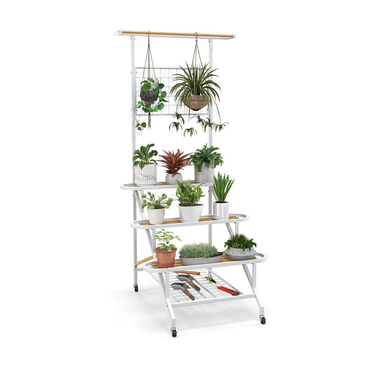 Plant stand with trellis metal flower stairs on wheels multi-purpose shelf 80 x 85 x 175 cm white