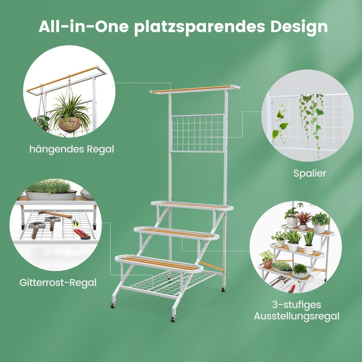 Plant stand with trellis metal flower stairs on wheels multi-purpose shelf 80 x 85 x 175 cm white