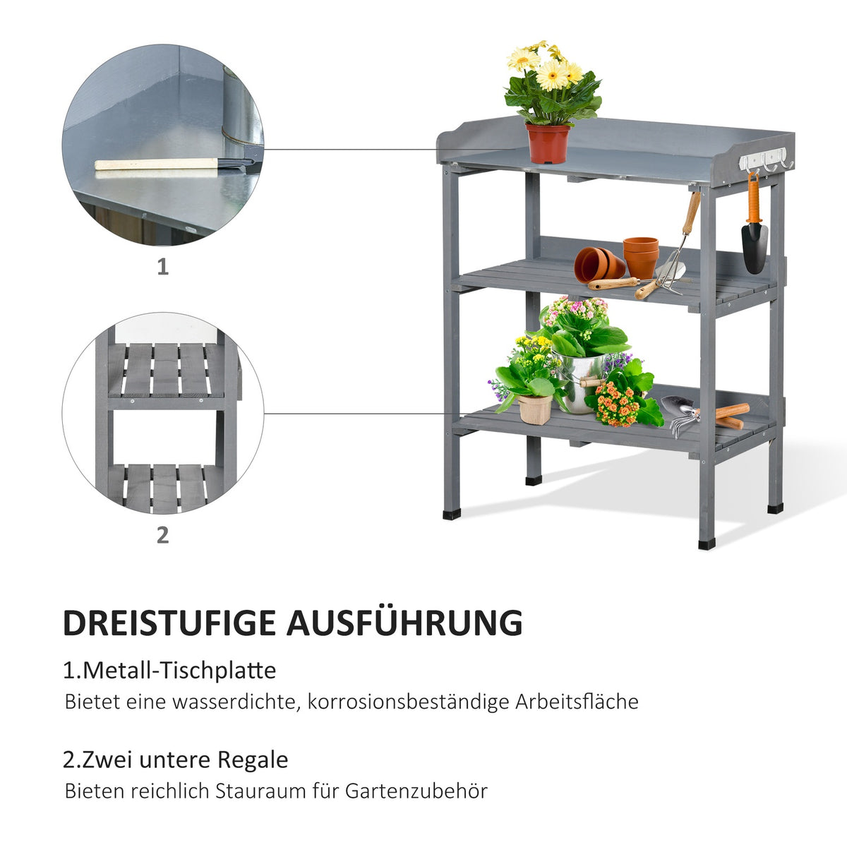 Plant table gardener table flower table with metal work surface and wood 76x37x89cm ideal for garden & balcony