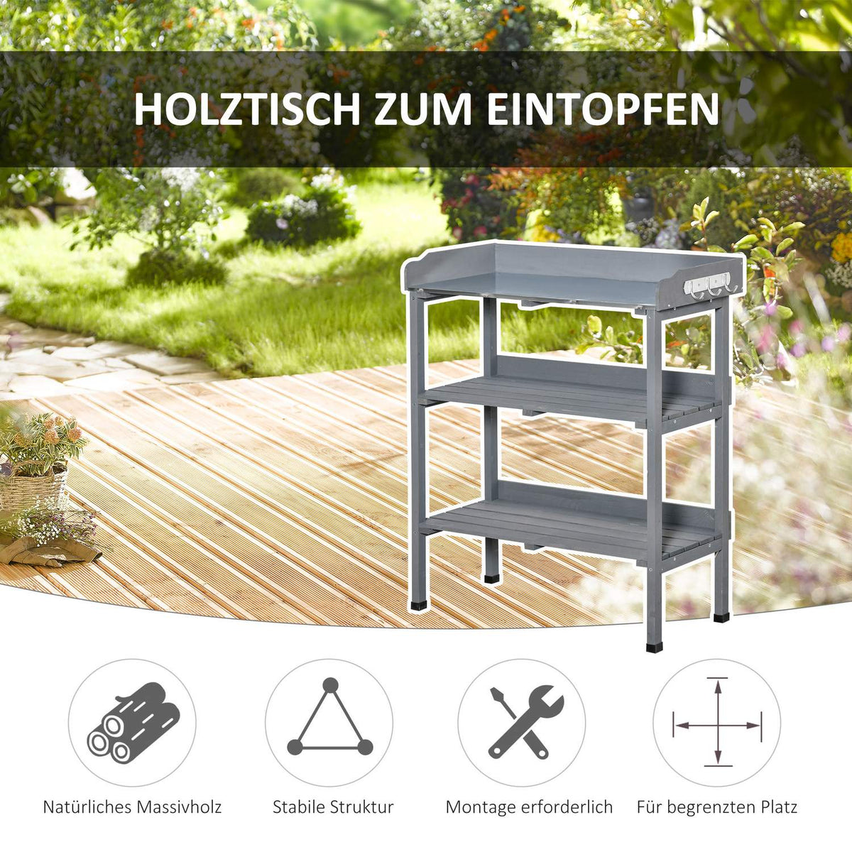 Plant table gardener table flower table with metal work surface and wood 76x37x89cm ideal for garden & balcony