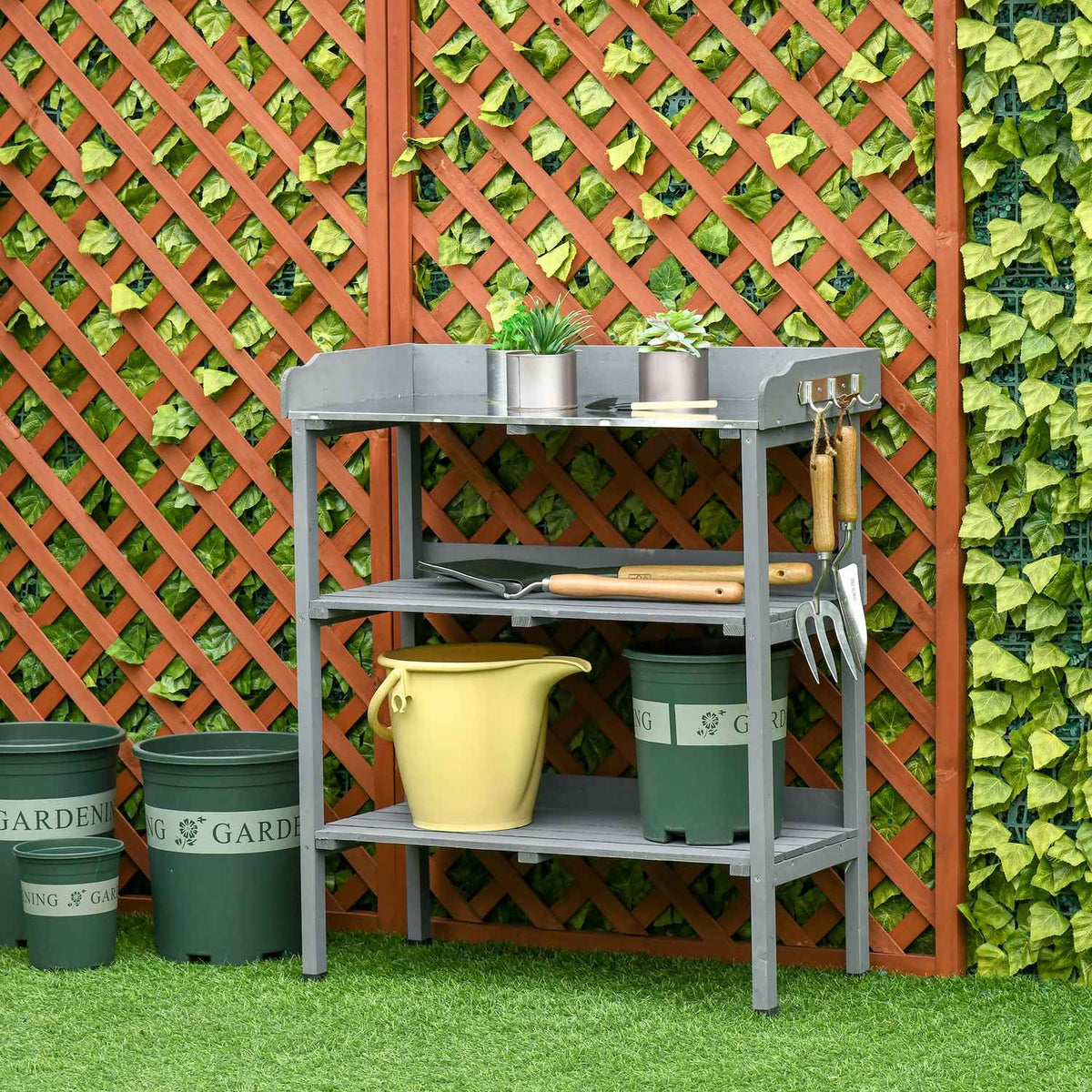 Plant table gardener table flower table with metal work surface and wood 76x37x89cm ideal for garden & balcony