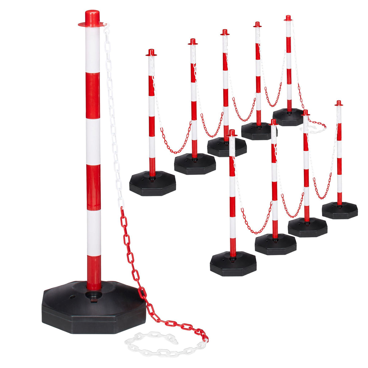 Plastic Barrier Posts with Chain, Red/White – Pack of 10