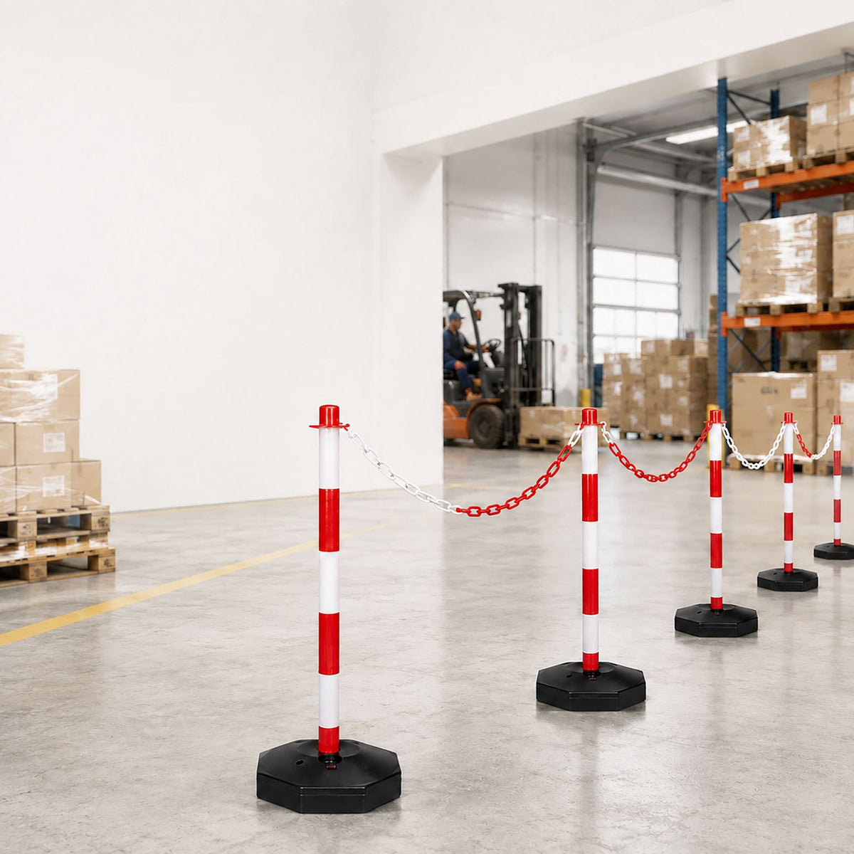 Plastic Barrier Posts with Chain, Red/White – Pack of 10