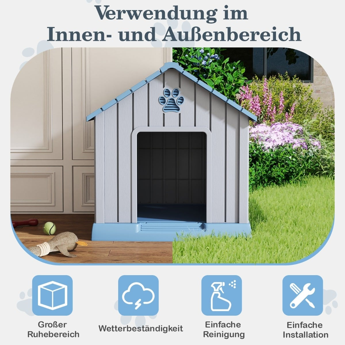 Plastic Dog House, Waterproof & Insulated, Blue, Indoor/Outdoor