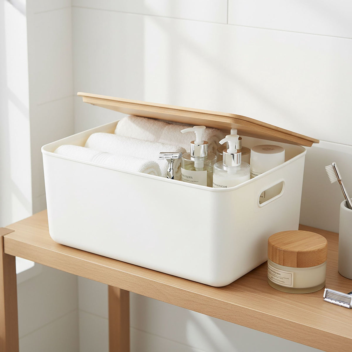 Plastic Storage Box Set with Bamboo Lid, Stackable Organisers