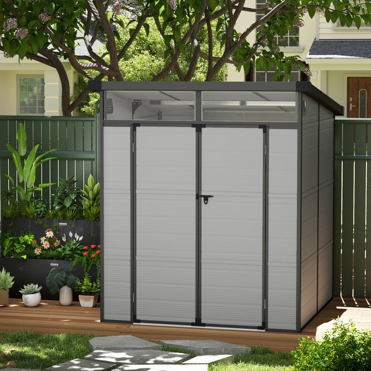 Plastic Tool Shed 3.24m³ 190x191x215cm Tool Shed with Pent Roof, Lockable Door, Weatherproof Garden Shed, Outdoor Garden Shed Cabinet for Backyard, Outdoor Area, Light Gray