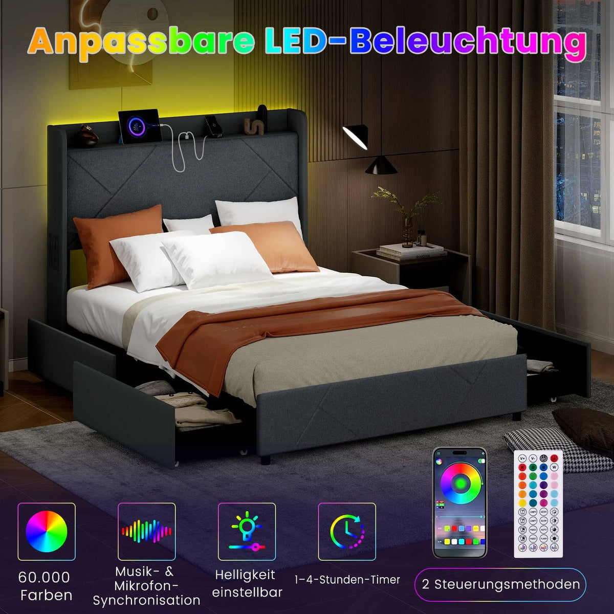 Platform Bed with LED Lights, Charging Station, Gray, 200x160 cm