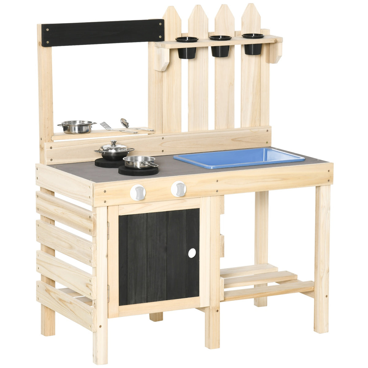 Play Kitchen Sand Play Set Made Of Wood Garden Kitchen Play Table With Plant Pots & Stainless Steel Accessories, 3-7 Years