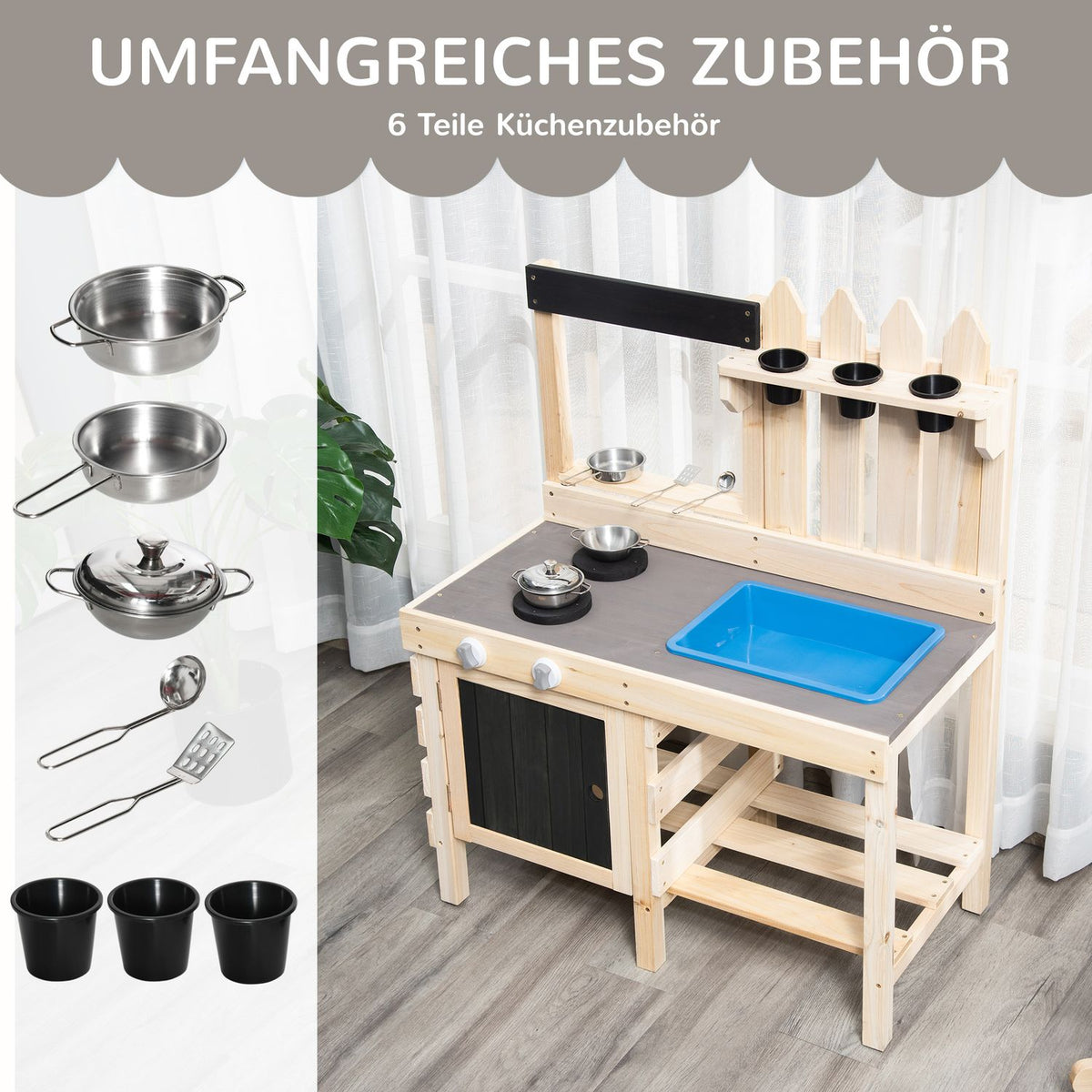 Play Kitchen Sand Play Set Made Of Wood Garden Kitchen Play Table With Plant Pots & Stainless Steel Accessories, 3-7 Years