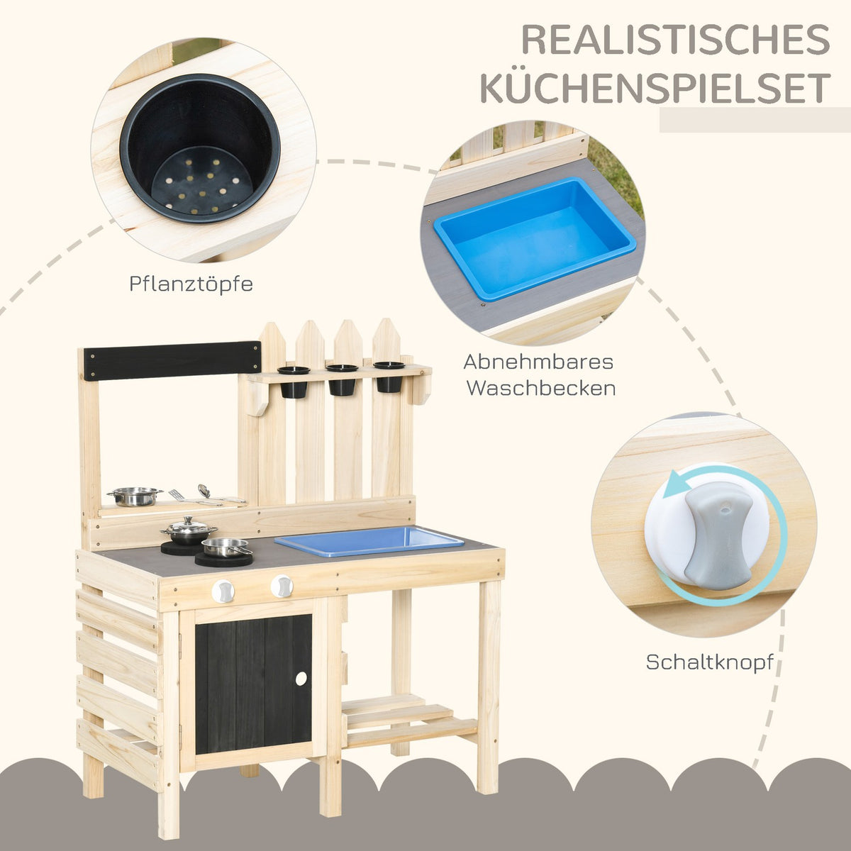 Play Kitchen Sand Play Set Made Of Wood Garden Kitchen Play Table With Plant Pots & Stainless Steel Accessories, 3-7 Years
