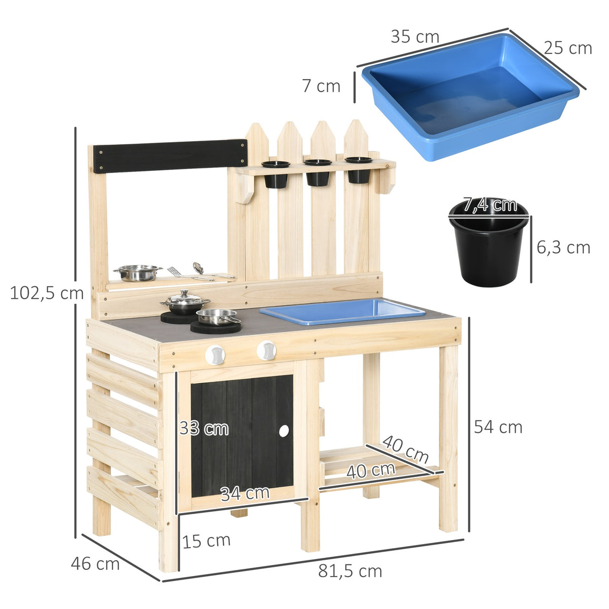 Play Kitchen Sand Play Set Made Of Wood Garden Kitchen Play Table With Plant Pots & Stainless Steel Accessories, 3-7 Years