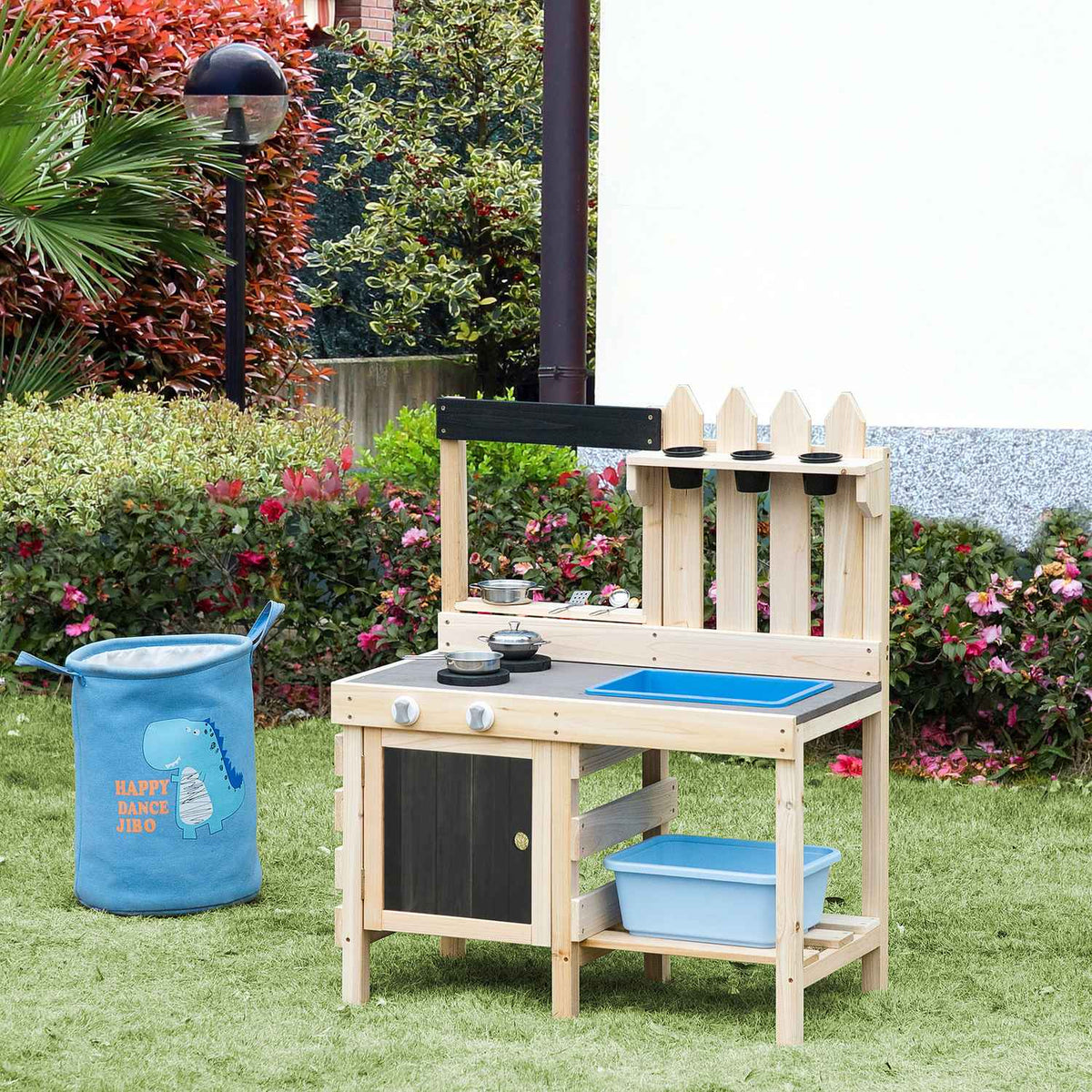 Play Kitchen Sand Play Set Made Of Wood Garden Kitchen Play Table With Plant Pots & Stainless Steel Accessories, 3-7 Years