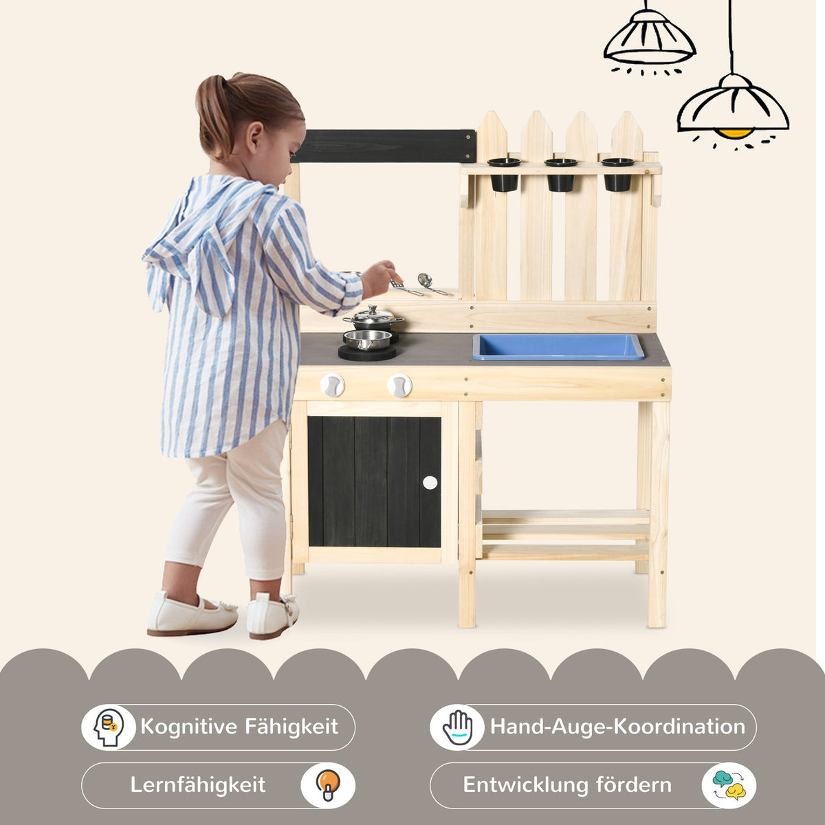Play Kitchen Sand Play Set Made Of Wood Garden Kitchen Play Table With Plant Pots & Stainless Steel Accessories, 3-7 Years