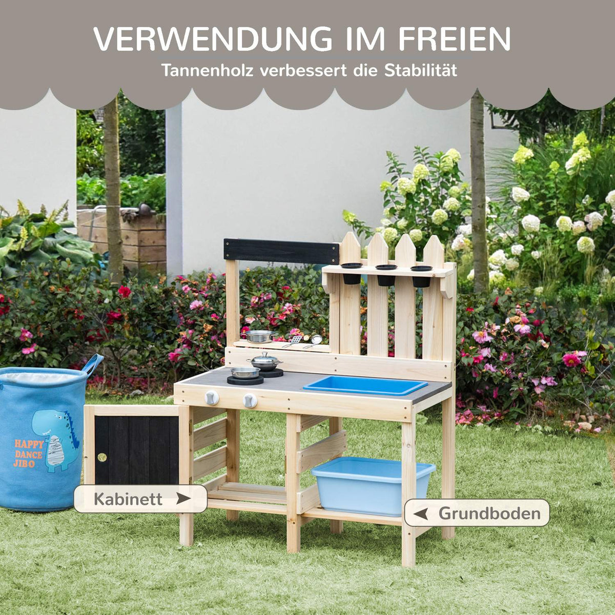Play Kitchen Sand Play Set Made Of Wood Garden Kitchen Play Table With Plant Pots & Stainless Steel Accessories, 3-7 Years