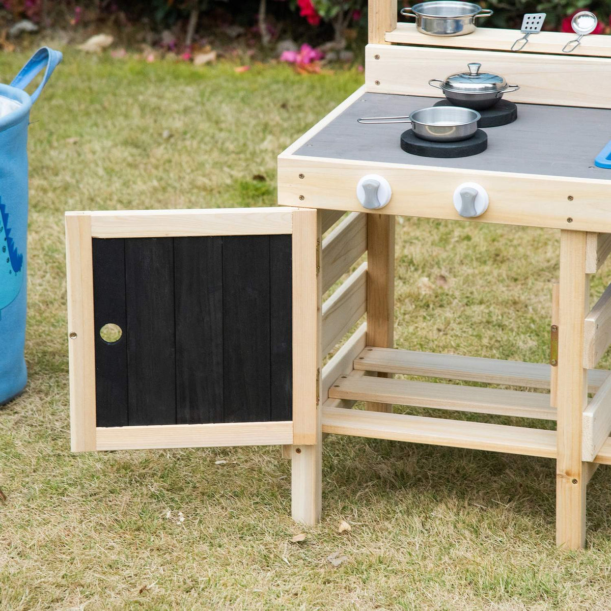 Play Kitchen Sand Play Set Made Of Wood Garden Kitchen Play Table With Plant Pots & Stainless Steel Accessories, 3-7 Years