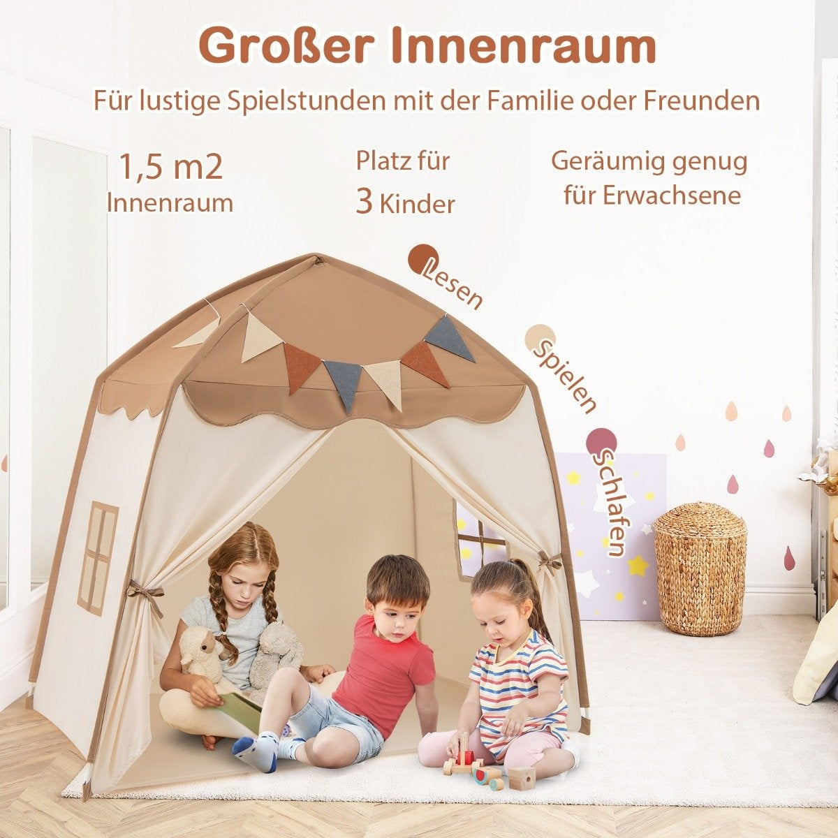 Playhouse Children's Indoor Children's Tent with Flags and Fairy Lights Princess Play Tent Coffee