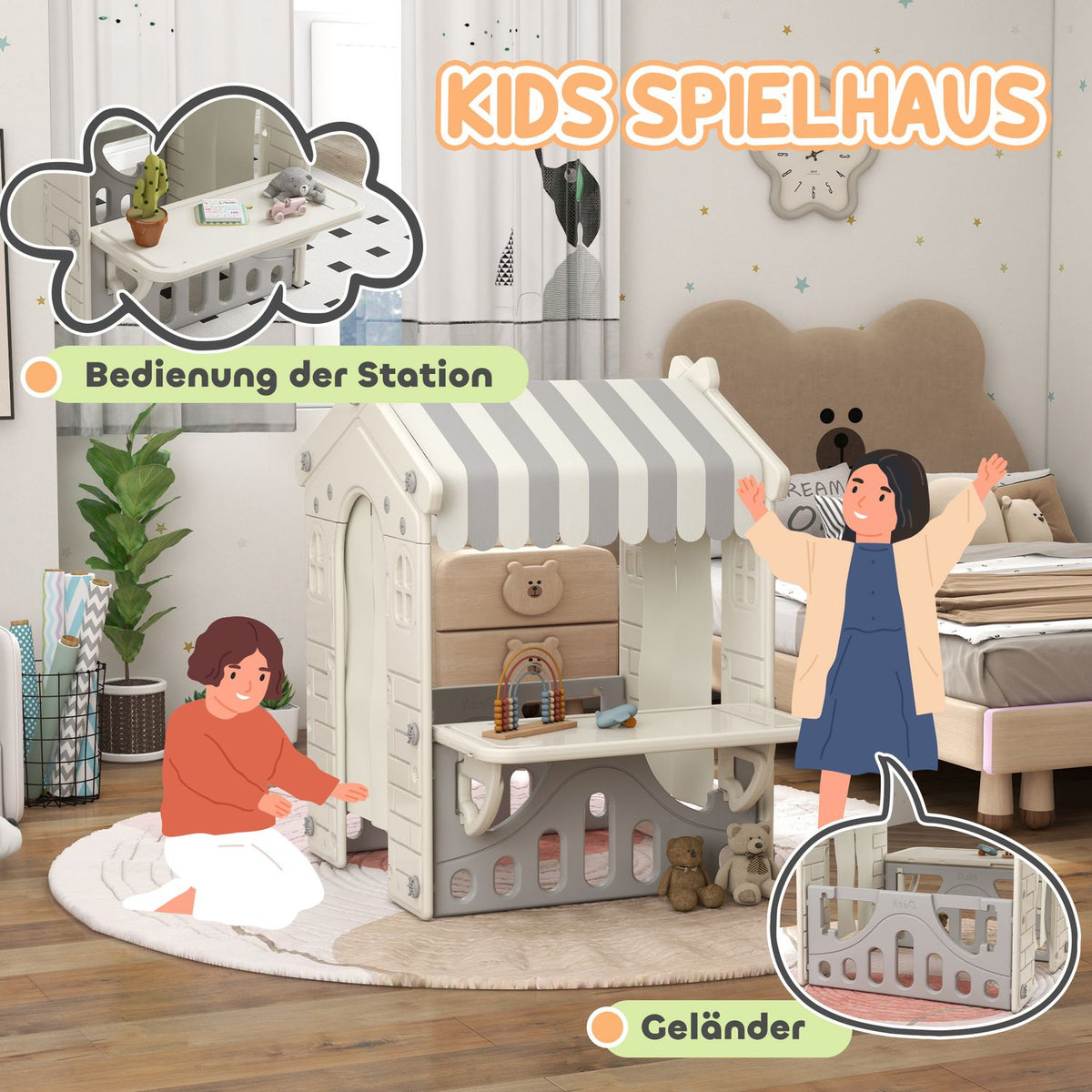Playhouse for children, indoor children's house with working doors, windows, grocery store and customer station for 1-6 years children's cream