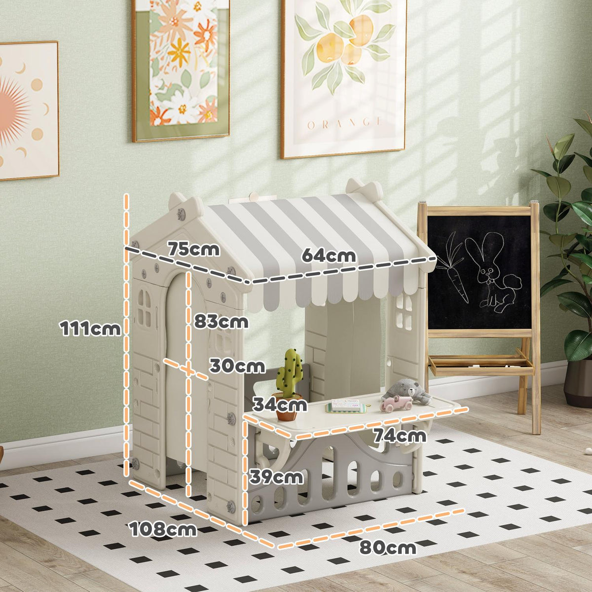 Playhouse for children, indoor children's house with working doors, windows, grocery store and customer station for 1-6 years children's cream