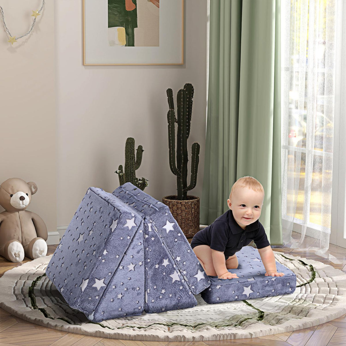 Play sofa for children Children's sofa made of foam with reclining function, 5 pieces. Children's couch in the dark, glowing velvet look, for 2-3 children, grey