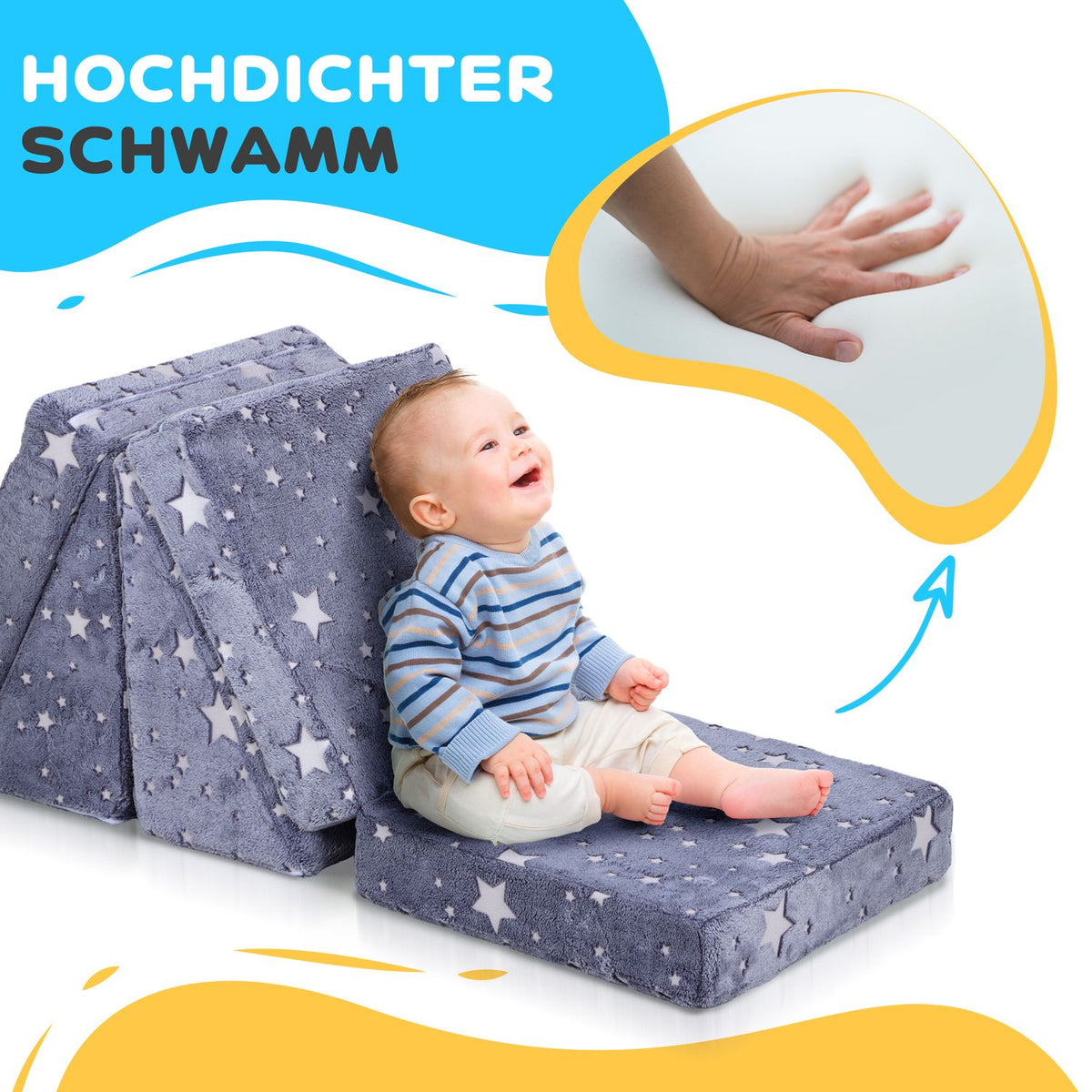 Play sofa for children Children's sofa made of foam with reclining function, 5 pieces. Children's couch in the dark, glowing velvet look, for 2-3 children, grey