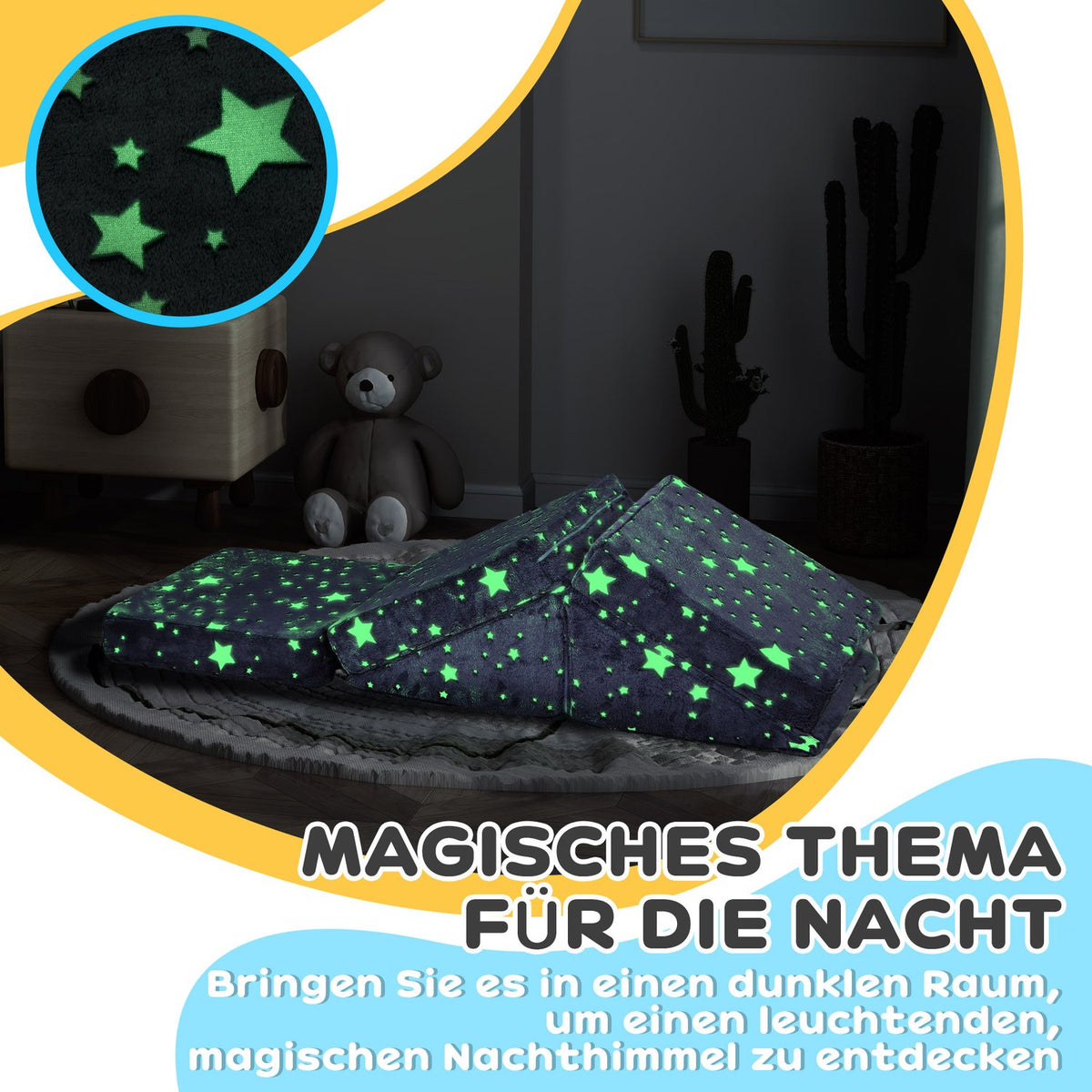 Play sofa for children Children's sofa made of foam with reclining function, 5 pieces. Children's couch in the dark, glowing velvet look, for 2-3 children, grey