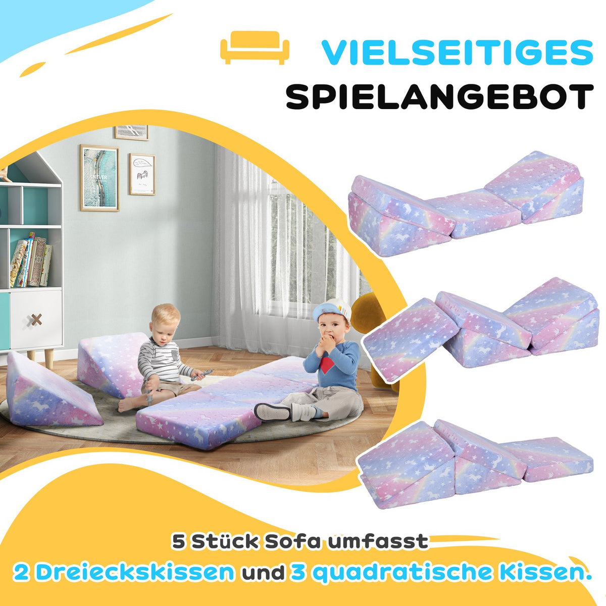 Play sofa for children Children's sofa made of foam with reclining function, 5 pieces. Children's couch in the dark, glowing velvet look, for 2-3 children, pink