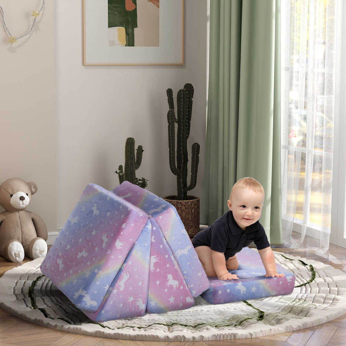 Play sofa for children Children's sofa made of foam with reclining function, 5 pieces. Children's couch in the dark, glowing velvet look, for 2-3 children, pink