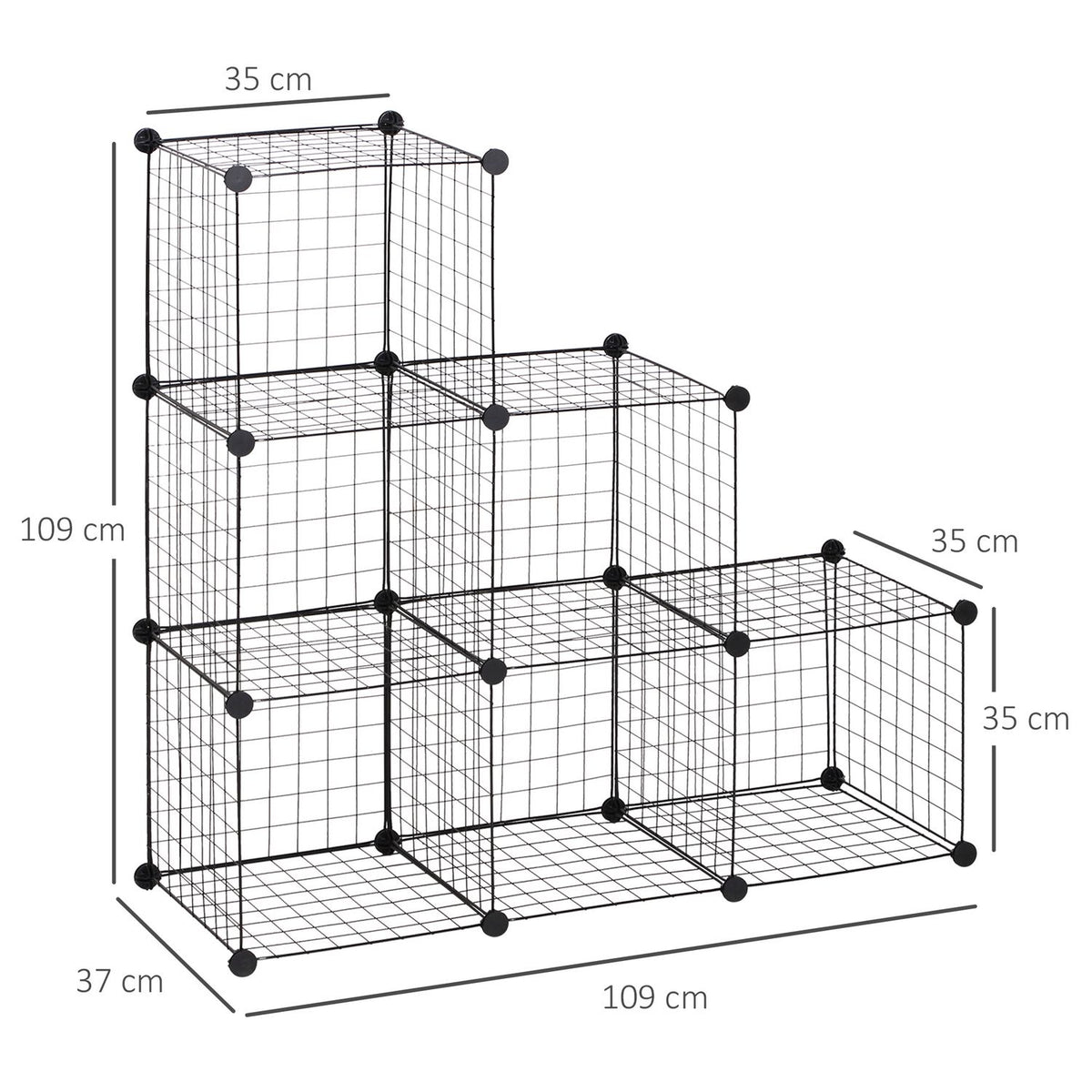 Plug-in shelf, shelving system with 6 compartments, DIY cube shelf made of wire mesh, step shelf for living room, bedroom, black, 109 x 37 x 109 cm