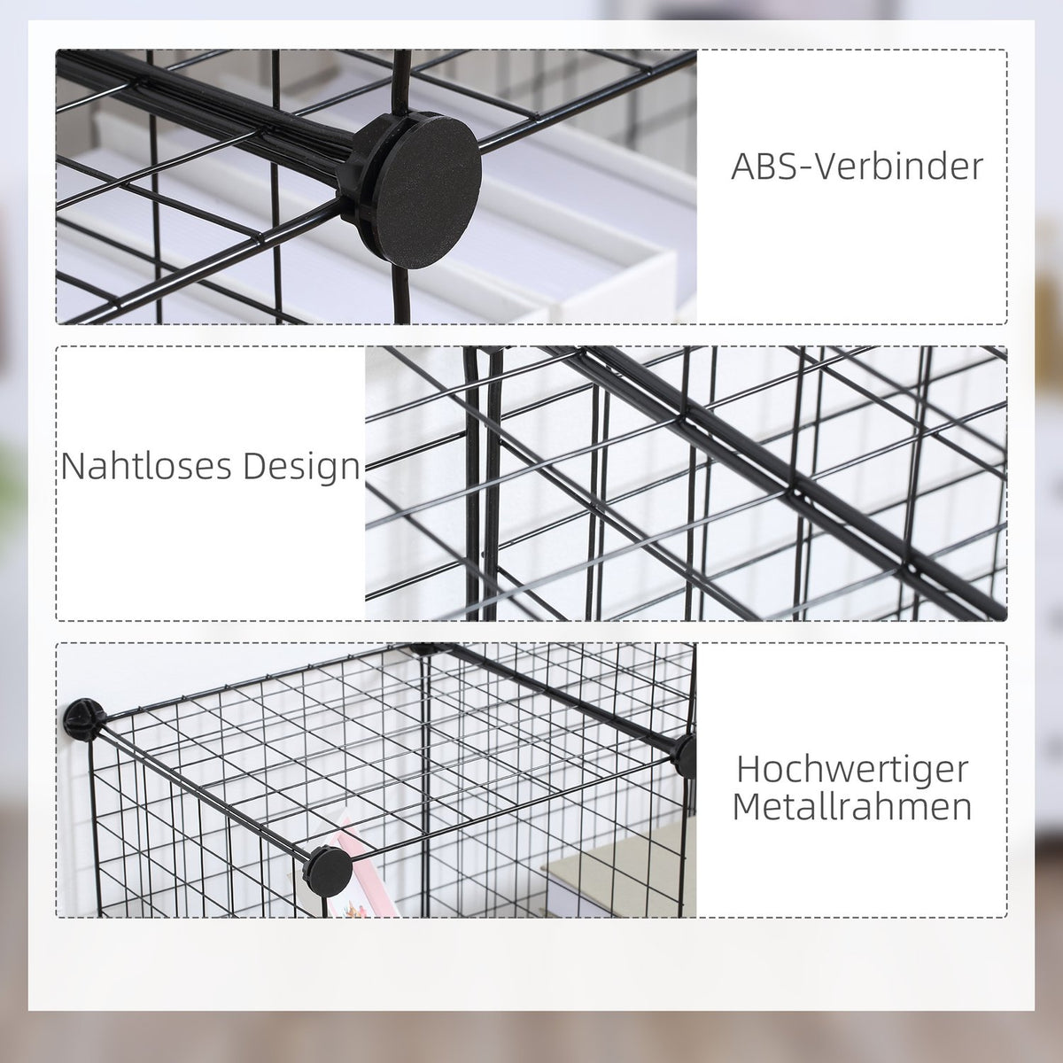 Plug-in shelf, shelving system with 6 compartments, DIY cube shelf made of wire mesh, step shelf for living room, bedroom, black, 109 x 37 x 109 cm