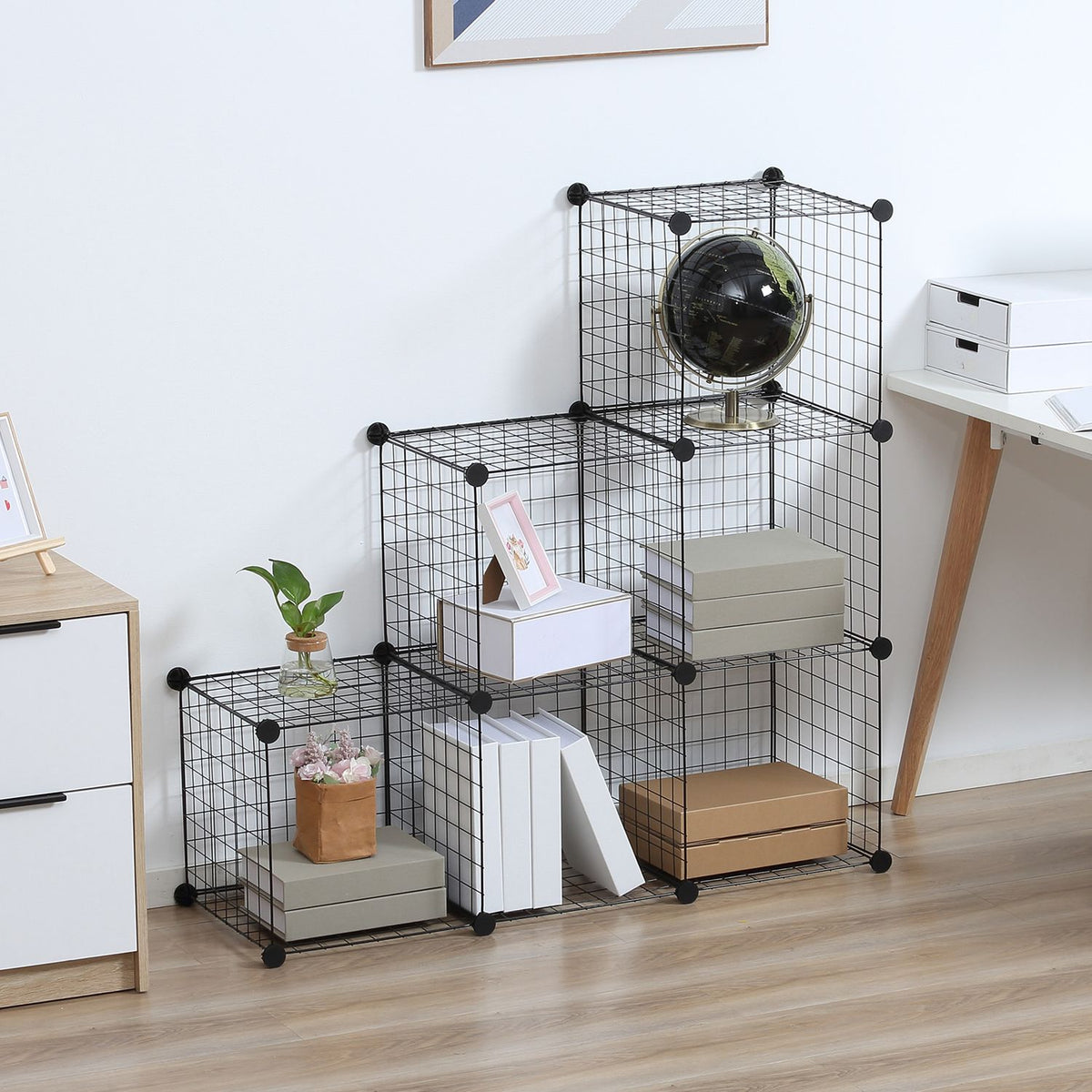 Plug-in shelf, shelving system with 6 compartments, DIY cube shelf made of wire mesh, step shelf for living room, bedroom, black, 109 x 37 x 109 cm