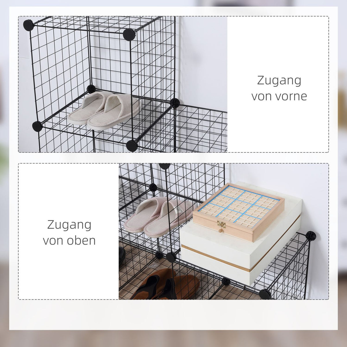 Plug-in shelf, shelving system with 6 compartments, DIY cube shelf made of wire mesh, step shelf for living room, bedroom, black, 109 x 37 x 109 cm
