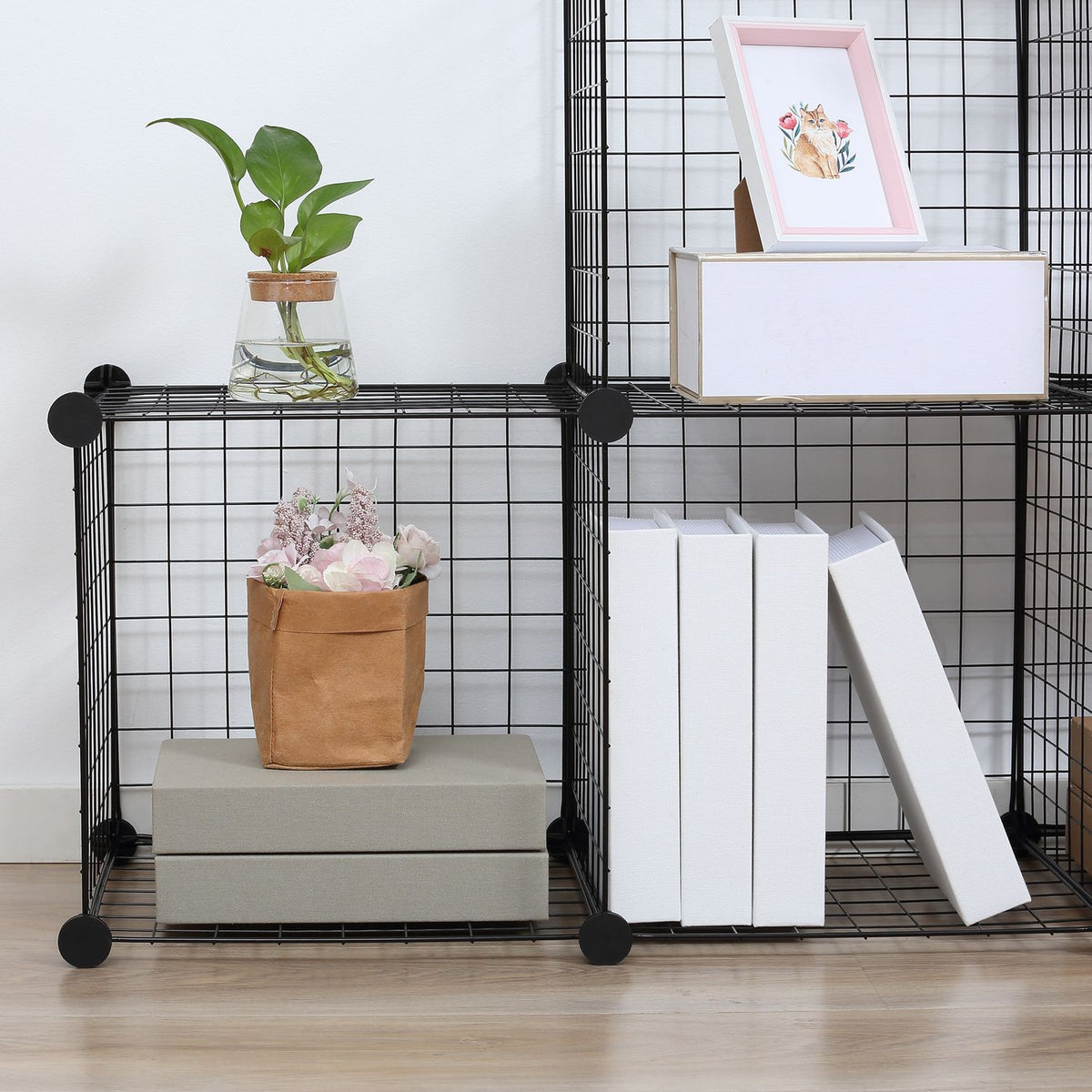 Plug-in shelf, shelving system with 6 compartments, DIY cube shelf made of wire mesh, step shelf for living room, bedroom, black, 109 x 37 x 109 cm
