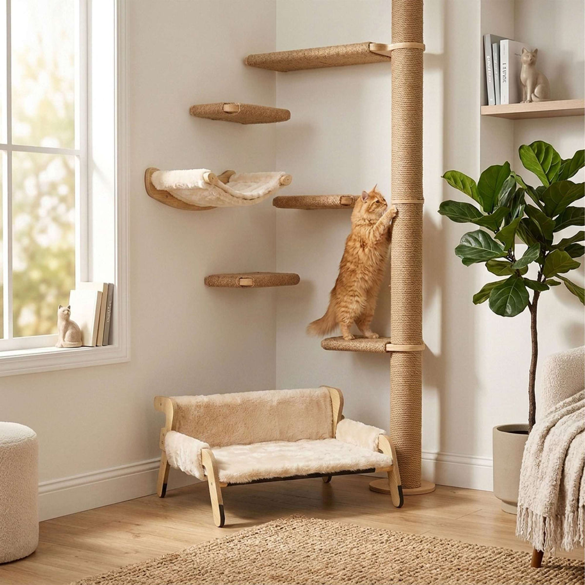 Plush Cat Hammock Bed, Beige – Pine Frame, 53x45.5 cm