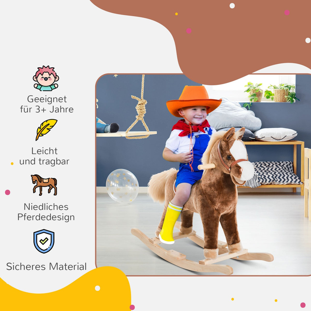 Plush Rocking Horse Brown Rocking Animal Toy Children L74Xw33Xh62Cm