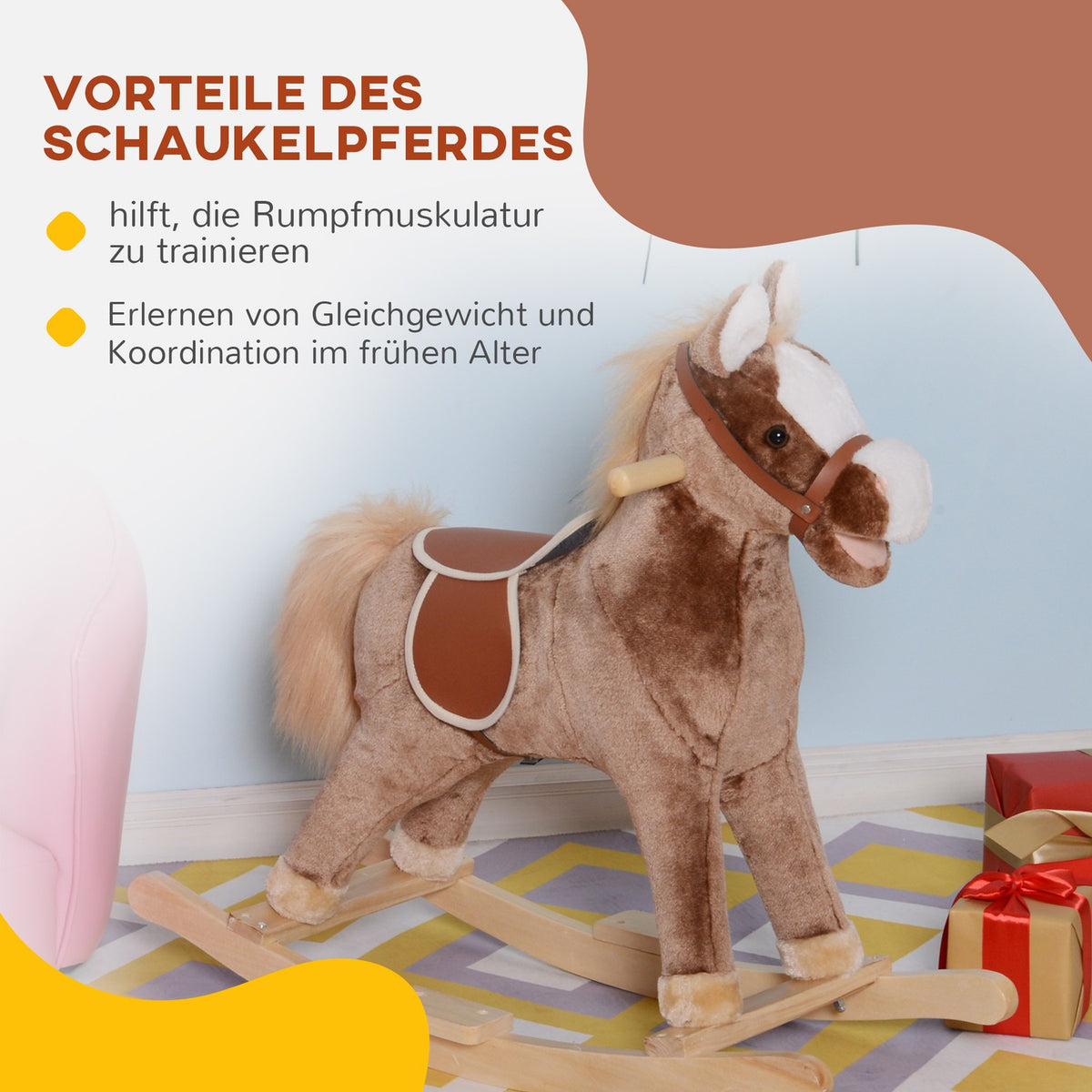 Plush Rocking Horse Brown Rocking Animal Toy Children L74Xw33Xh62Cm