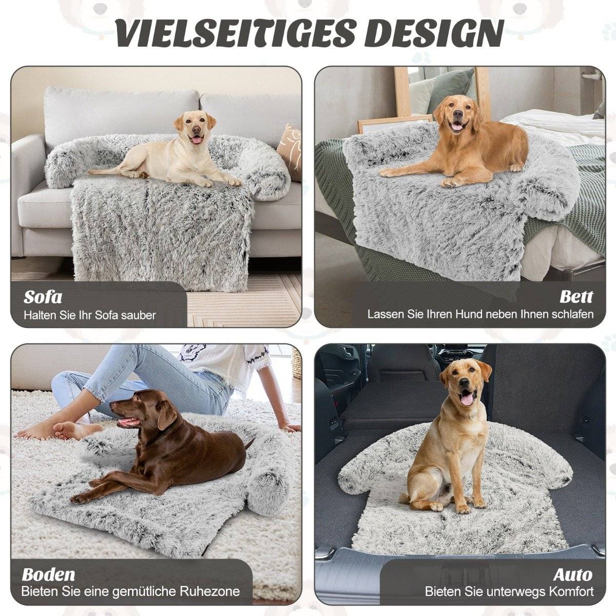 Plush bed for dogs with non-slip base, removable washable cover and soft neck roll, large 115 x 120 cm, grey-white