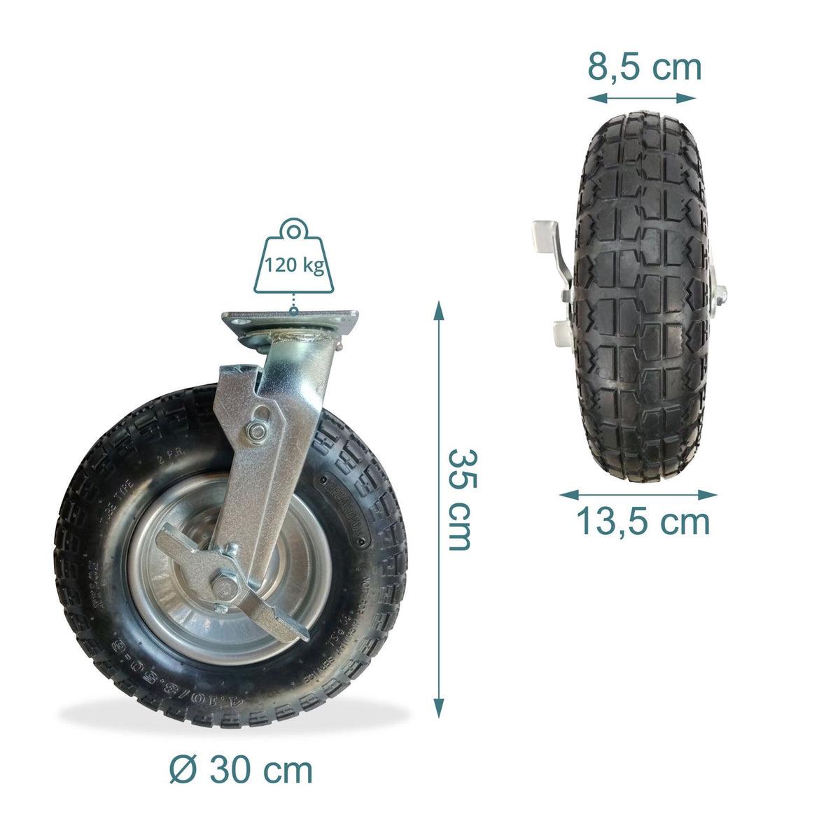 Pneumatic Swivel Castor, 3.00-4, 120kg Load Capacity