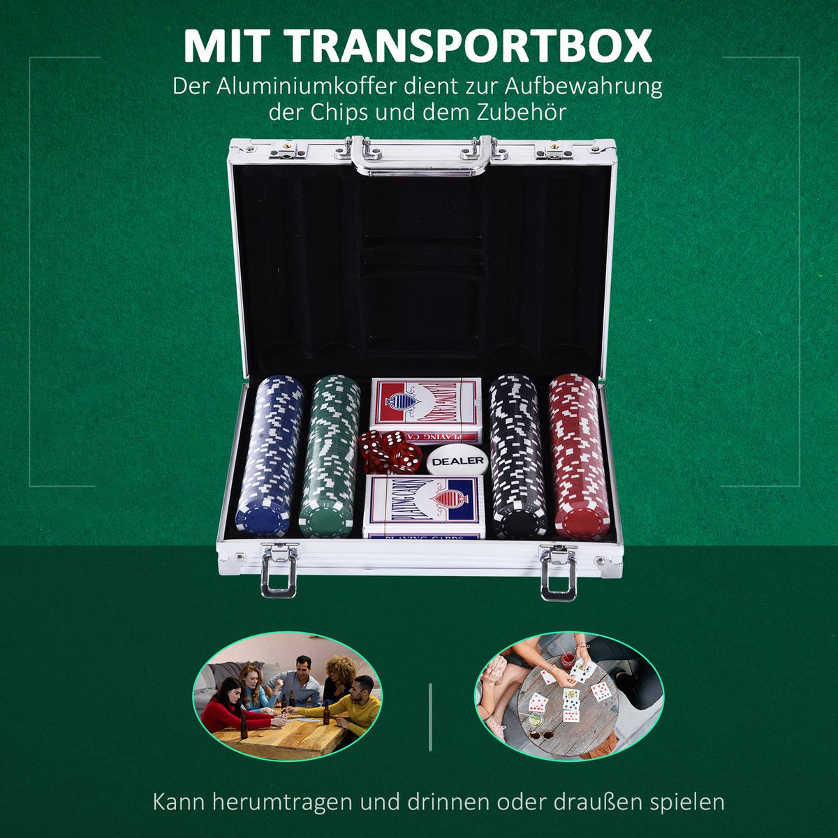 Poker Case 200 Poker Chips, 2 Card Games, 5 Dice, Aluminum Case, Polystyrene, 29.5X20.5X6.5 Cm, For Game Evenings