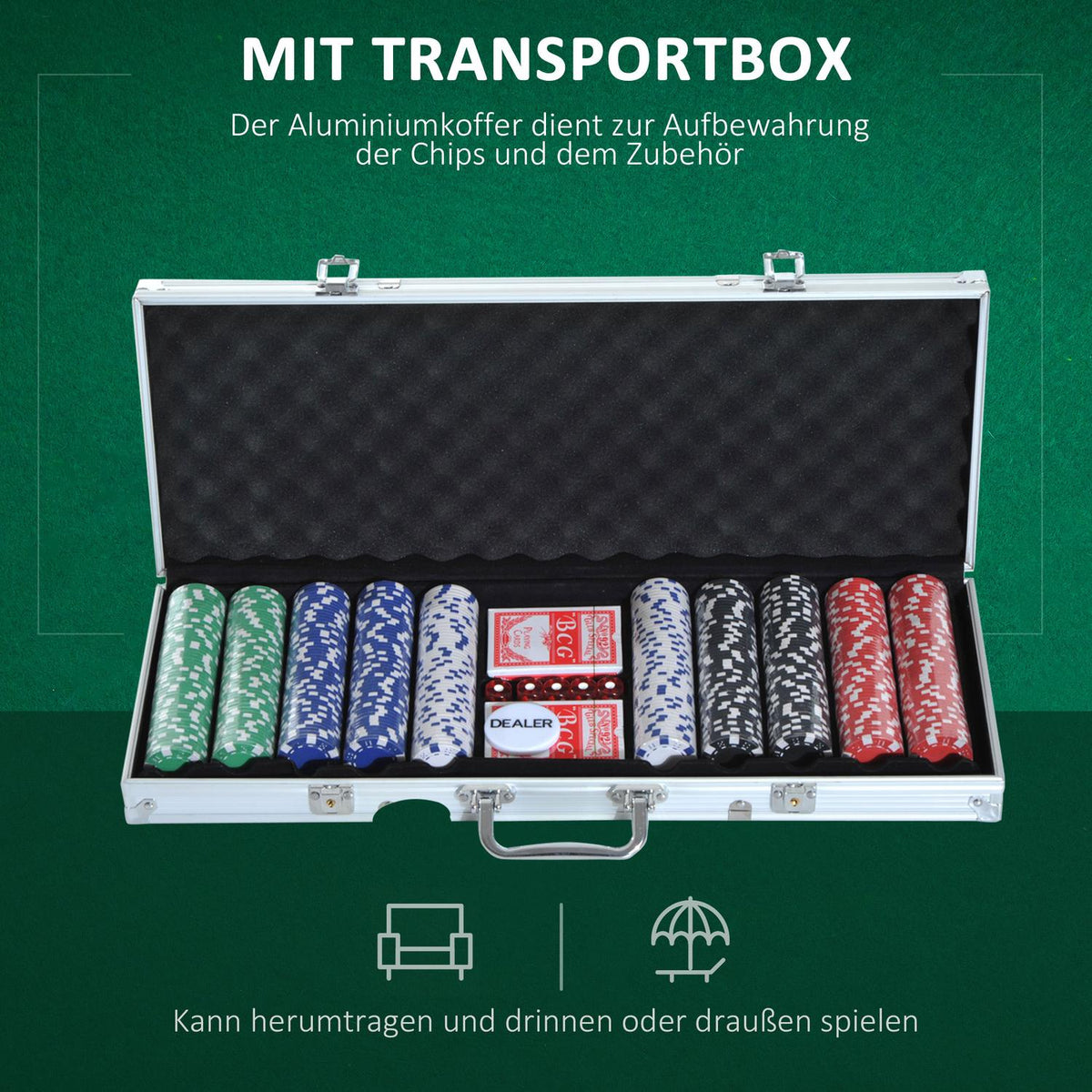 Poker Case Poker Set 500 Poker Chips 2X Card Game 5X Dice 1X Aluminum Case Poker Set Chips Case Aluminum + Polystyrene 55.5X22X6.5Cm