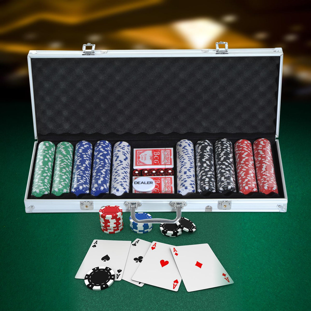 Poker Case Poker Set 500 Poker Chips 2X Card Game 5X Dice 1X Aluminum Case Poker Set Chips Case Aluminum + Polystyrene 55.5X22X6.5Cm