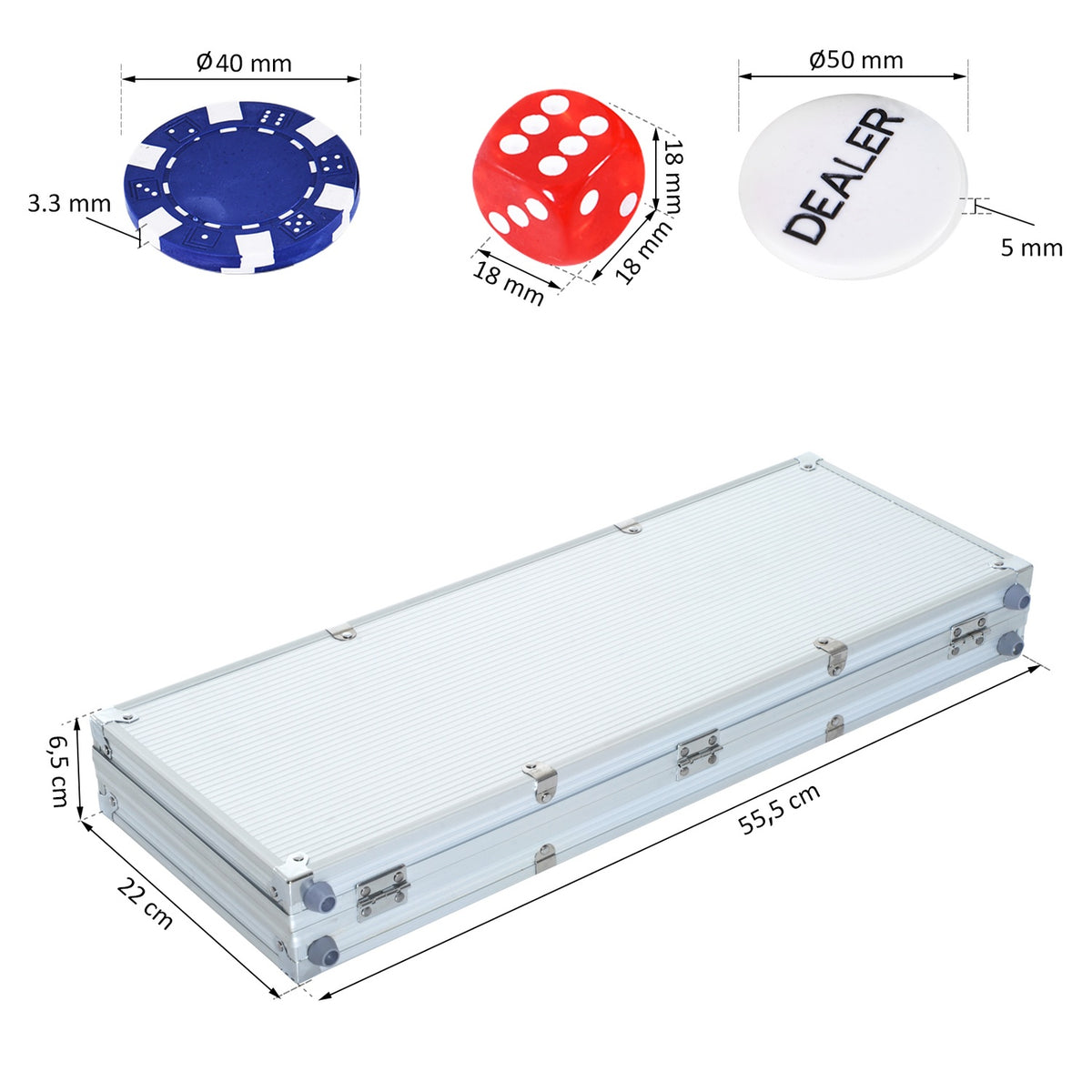 Poker Case Poker Set 500 Poker Chips 2X Card Game 5X Dice 1X Aluminum Case Poker Set Chips Case Aluminum + Polystyrene 55.5X22X6.5Cm