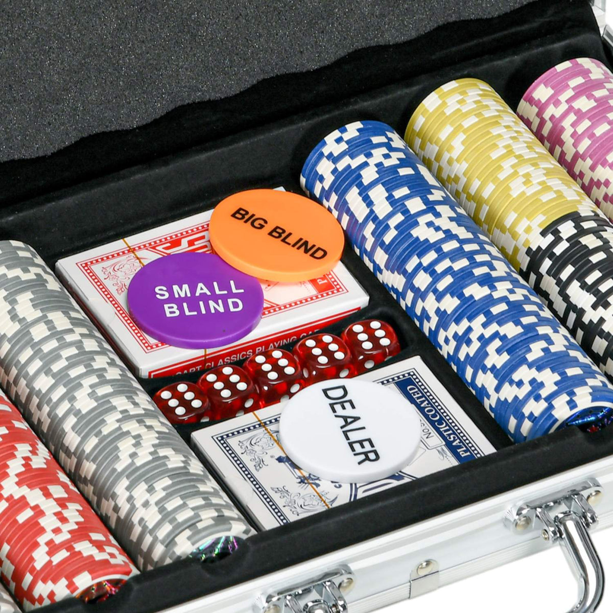 Poker Case Set 300 Chips 11.5G Complete Poker Set Lock 2 Decks 5 Dice Dealer Blind Buttons Silver