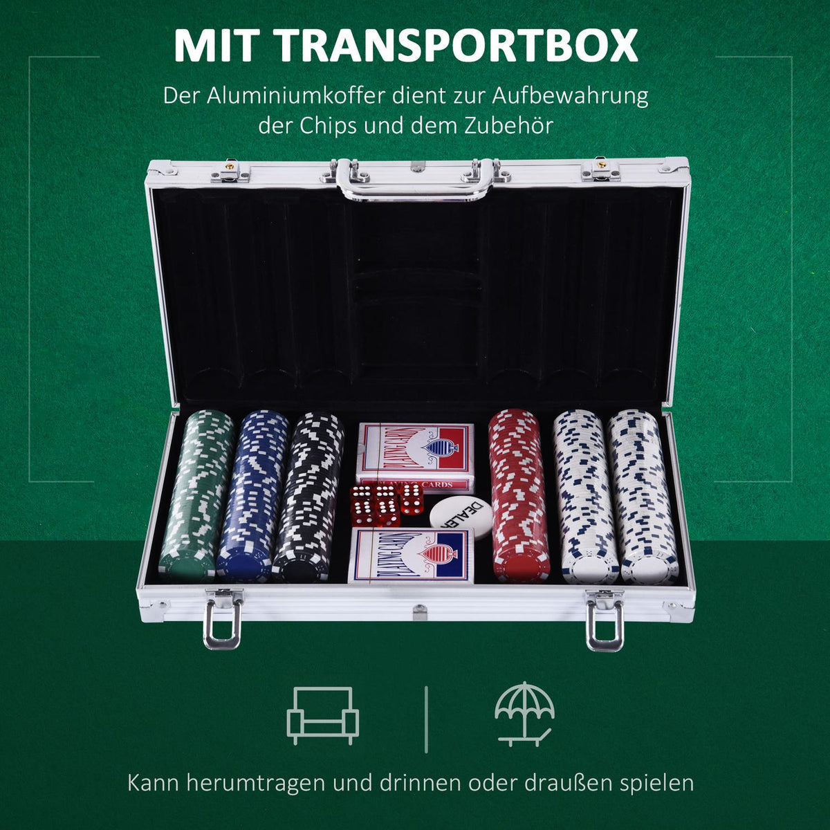 Poker Case Set 300 Chips 2 Card Games 5 Dice Aluminum Case Polystyrene Casino Nights 38X20.5X6.5Cm