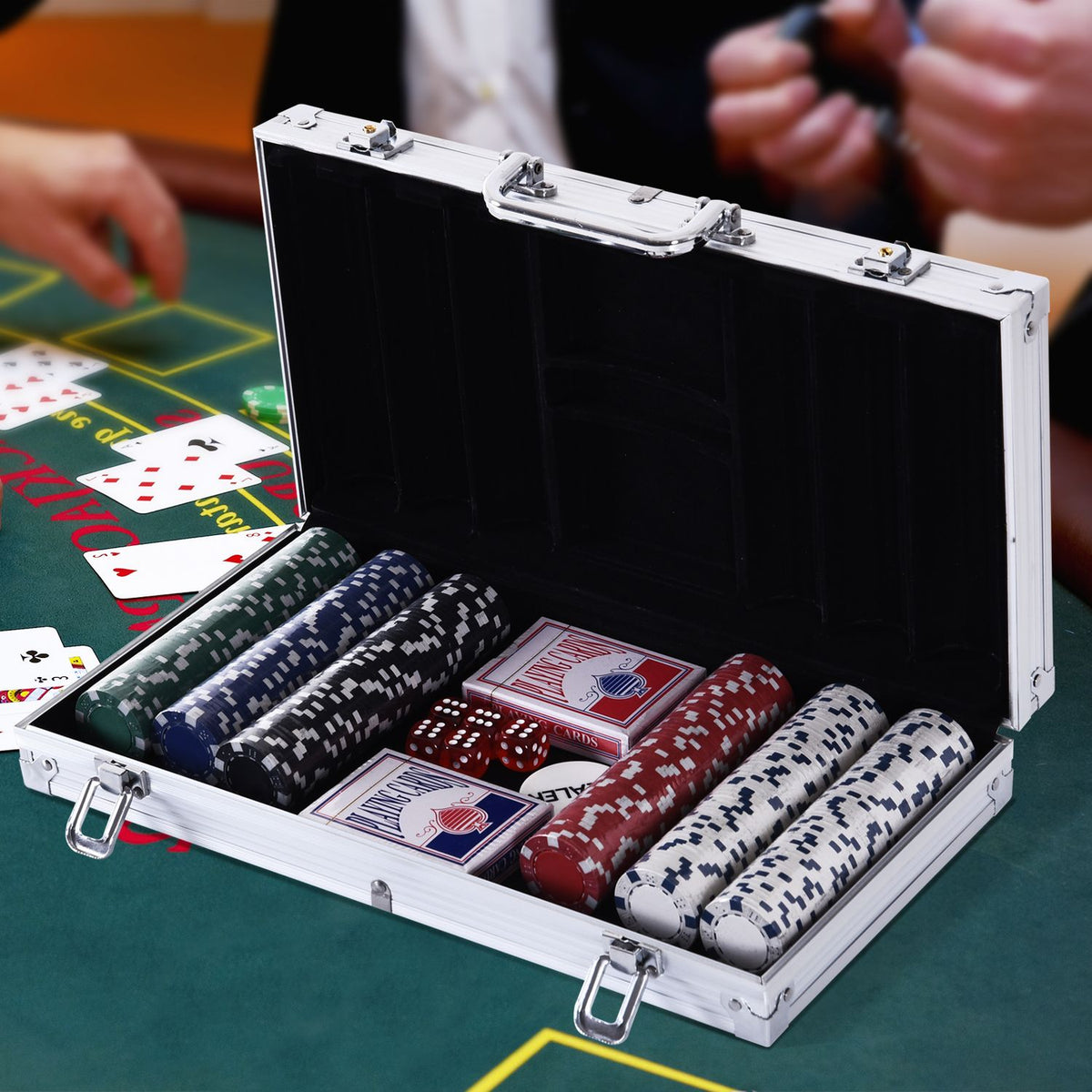Poker Case Set 300 Chips 2 Card Games 5 Dice Aluminum Case Polystyrene Casino Nights 38X20.5X6.5Cm