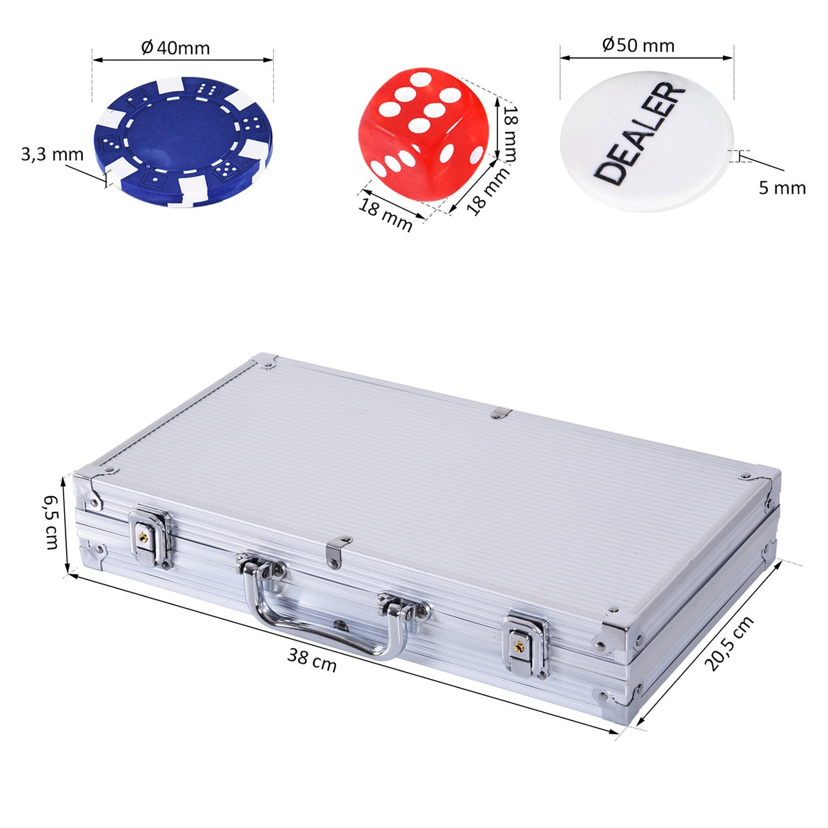 Poker Case Set 300 Chips 2 Card Games 5 Dice Aluminum Case Polystyrene Casino Nights 38X20.5X6.5Cm