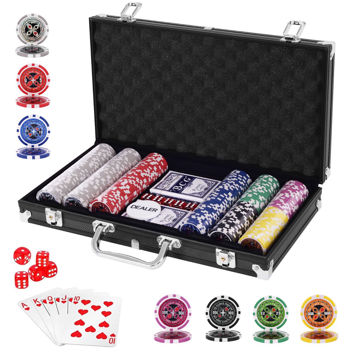 Poker Chip Set, 300 Chips, Texas Hold'em, Aluminum Case