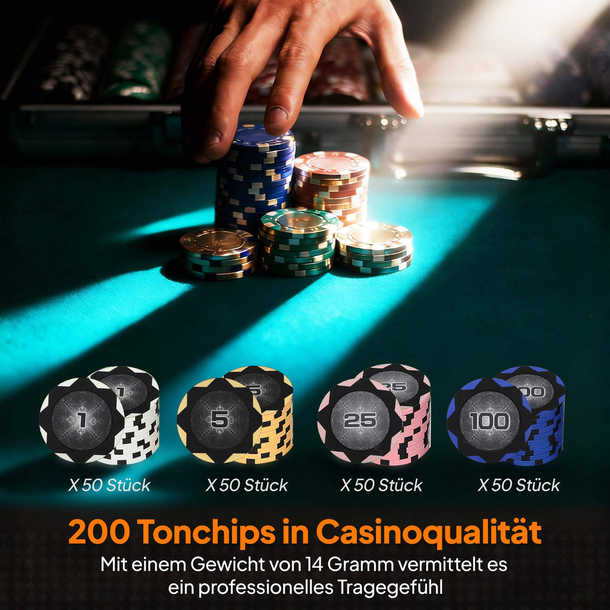 Poker Chip Set with Case, Dice, Dealer Button, 2 Decks